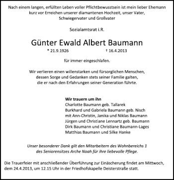Traueranzeige von Günter E. A. Baumann von Deister- und Weserzeitung