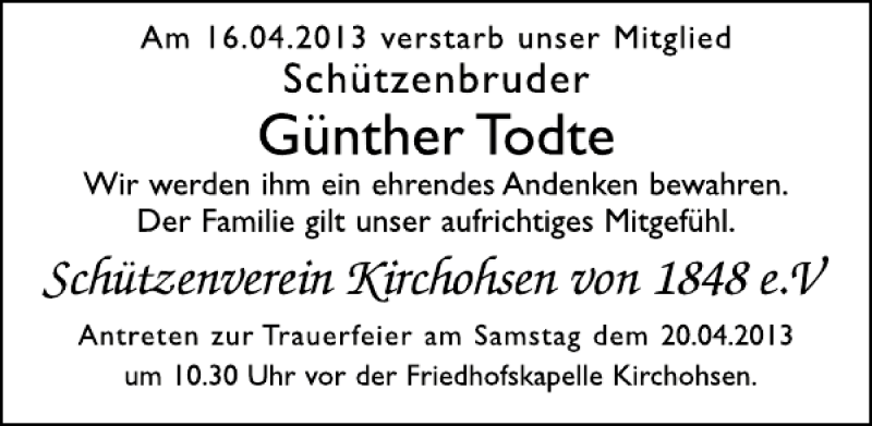  Traueranzeige für Günther Todte vom 20.04.2013 aus Deister- und Weserzeitung