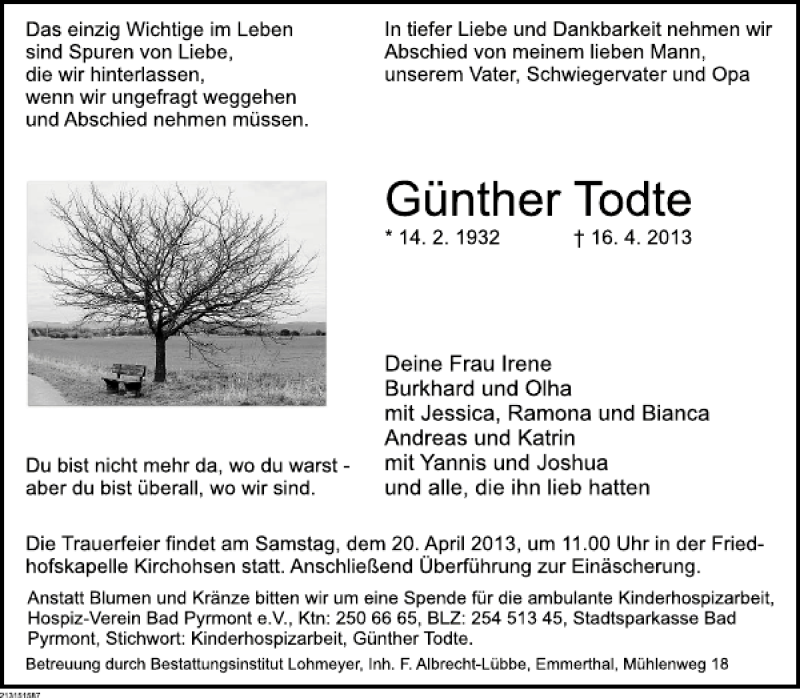  Traueranzeige für Günther Todte vom 19.04.2013 aus Deister- und Weserzeitung