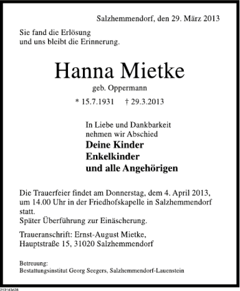 Traueranzeige von Hanna Mietke von Deister- und Weserzeitung