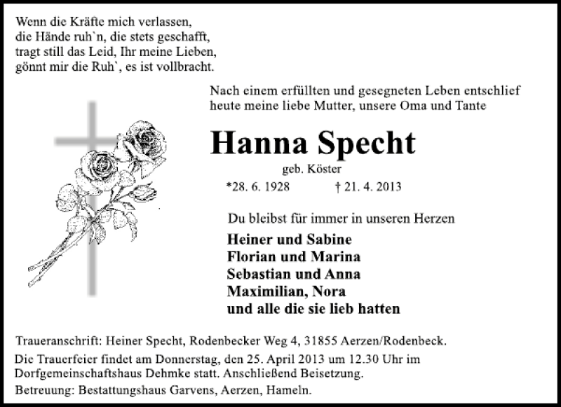  Traueranzeige für Hanna Specht vom 23.04.2013 aus Deister- und Weserzeitung