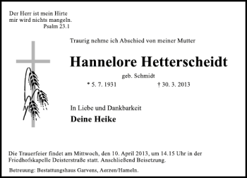 Traueranzeige von Hannelore Hetterscheidt von Deister- und Weserzeitung