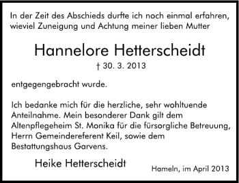 Traueranzeige von Hannelore Hetterscheidt von Deister- und Weserzeitung