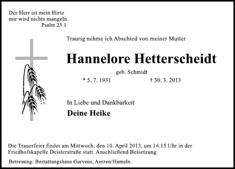  Traueranzeige für Hannelore Hetterscheidt vom 06.04.2013 aus Deister- und Weserzeitung