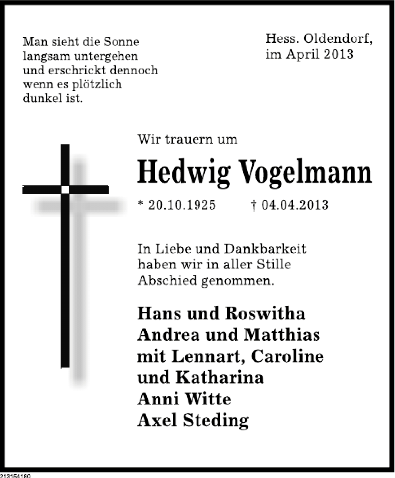  Traueranzeige für Hedwig Vogelmann vom 27.04.2013 aus Deister- und Weserzeitung