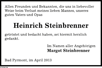 Traueranzeige von Heinrich Steinbrenner von Deister- und Weserzeitung