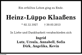 Traueranzeige von Heinz-Lüppo Klaaßens von Deister- und Weserzeitung
