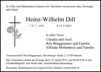 Traueranzeige von Heinz-Wilhelm Dill von Deister- und Weserzeitung