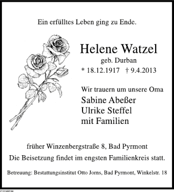 Traueranzeige von Helene Watzel von Deister- und Weserzeitung
