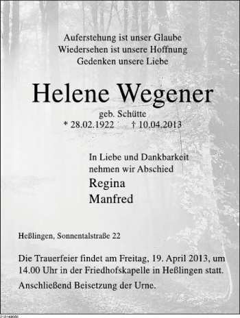 Traueranzeige von Helene Wegener von Deister- und Weserzeitung