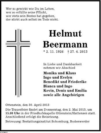 Traueranzeige von Helmut Beermann von Deister- und Weserzeitung