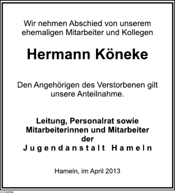 Traueranzeige von Hermann Köneke von Deister- und Weserzeitung