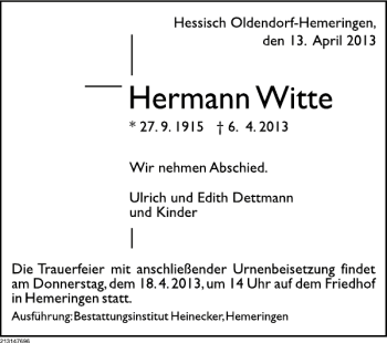 Traueranzeige von Hermann Witte von Deister- und Weserzeitung