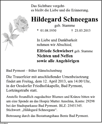 Traueranzeige von Hildegard Schneegans von Deister- und Weserzeitung