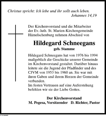 Traueranzeige von Hildegard Schneegans von Deister- und Weserzeitung