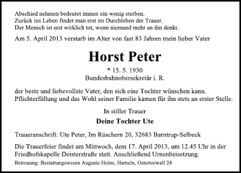 Traueranzeige von Horst Peter von Deister- und Weserzeitung