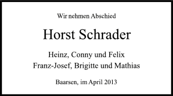 Traueranzeige von Horst Schrader von Deister- und Weserzeitung