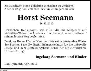 Traueranzeige von Horst Seemann von Deister- und Weserzeitung
