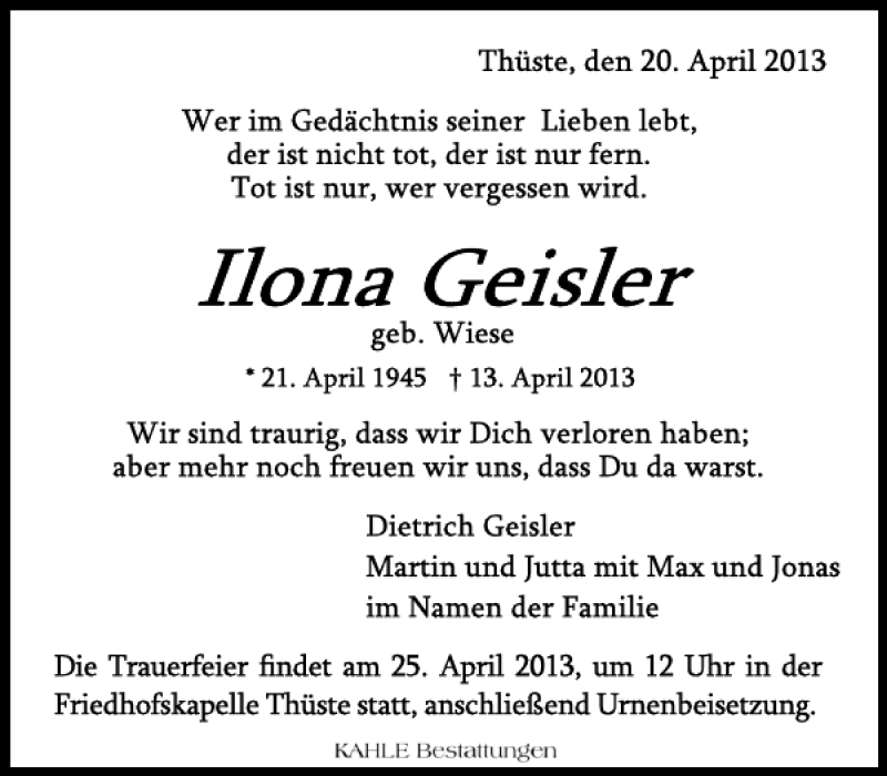  Traueranzeige für Ilona Geisler vom 20.04.2013 aus Deister- und Weserzeitung
