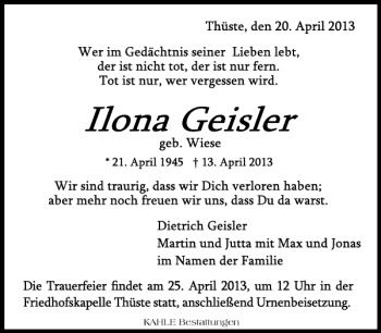 Traueranzeige von Ilona Geisler von Deister- und Weserzeitung