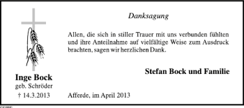 Traueranzeige von Inge Bock von Deister- und Weserzeitung