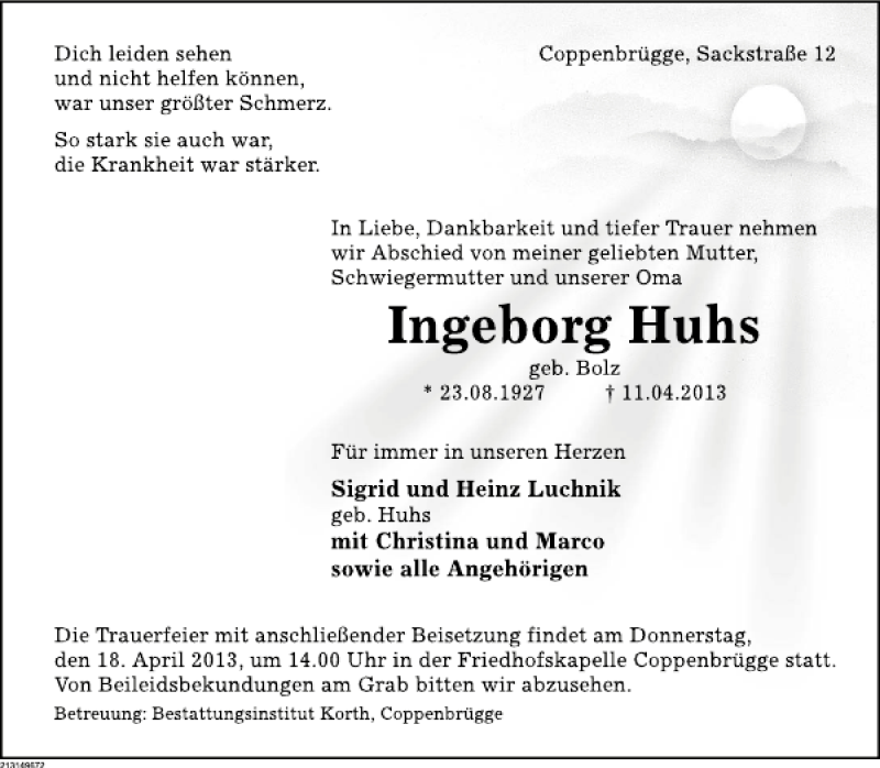  Traueranzeige für Ingeborg Huhs vom 16.04.2013 aus Deister- und Weserzeitung