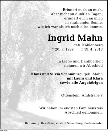 Traueranzeige von Ingrid Mahn von Deister- und Weserzeitung