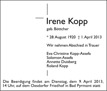 Traueranzeige von Irene Kopp von Deister- und Weserzeitung