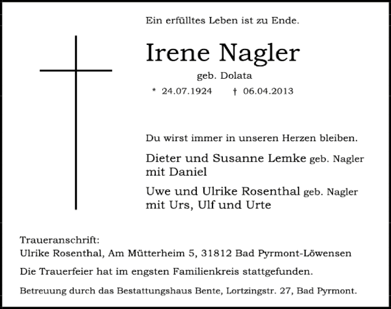  Traueranzeige für Irene Nagler vom 13.04.2013 aus Deister- und Weserzeitung