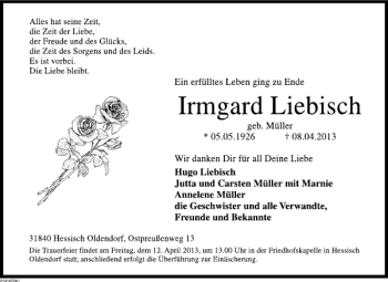 Traueranzeige von Irmgard Liebisch von Deister- und Weserzeitung
