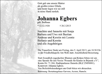 Traueranzeige von Johanna Egbers von Deister- und Weserzeitung