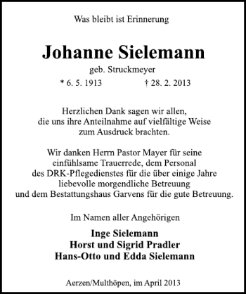 Traueranzeige von Johanne Sielemann von Deister- und Weserzeitung