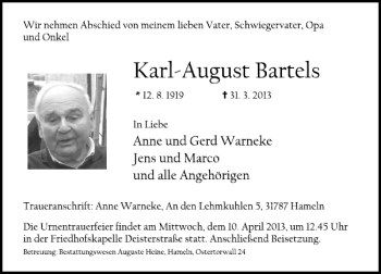 Traueranzeige von Karl-August Bartels von Deister- und Weserzeitung