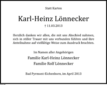 Traueranzeige von Karl-Heinz Lönnecker von Deister- und Weserzeitung