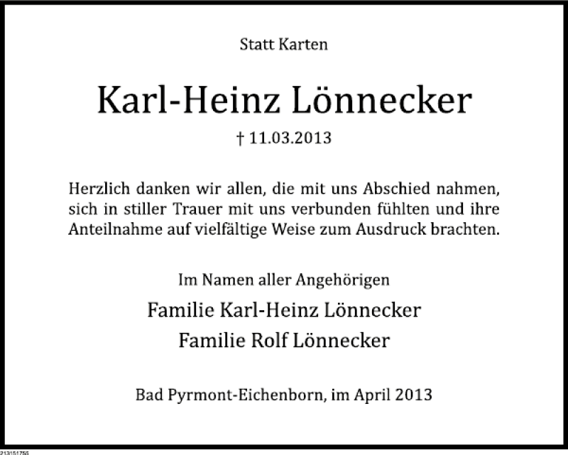  Traueranzeige für Karl-Heinz Lönnecker vom 20.04.2013 aus Deister- und Weserzeitung