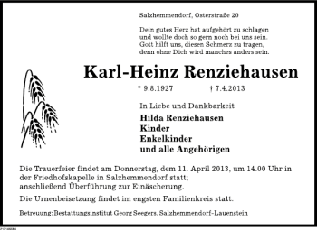 Traueranzeige von Karl-Heinz Renziehausen von Deister- und Weserzeitung
