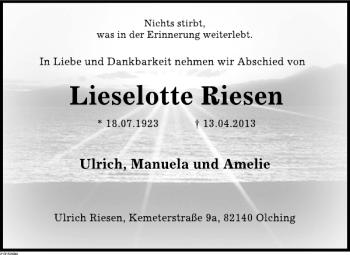 Traueranzeige von Lieselotte Risen von Deister- und Weserzeitung