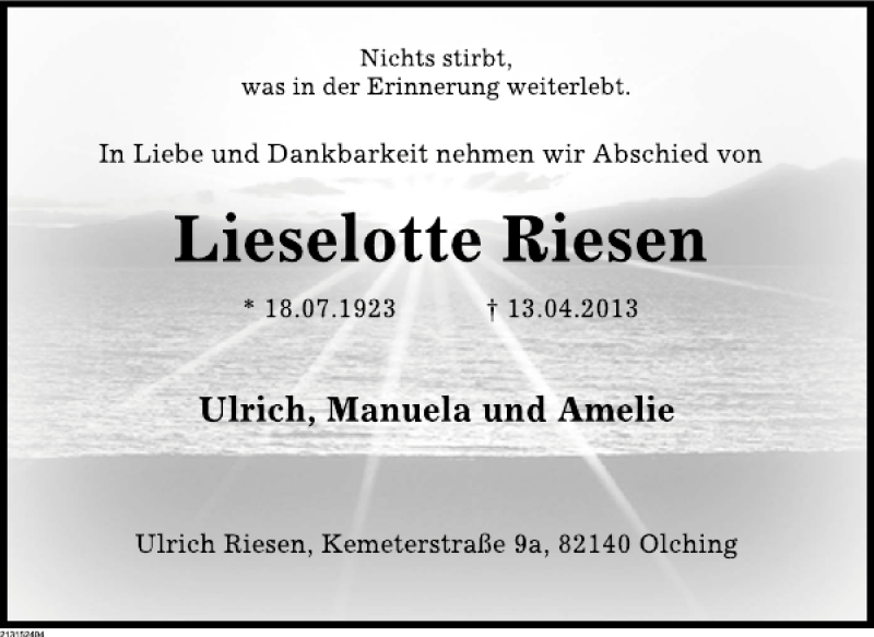  Traueranzeige für Lieselotte Risen vom 20.04.2013 aus Deister- und Weserzeitung