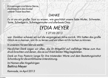 Traueranzeige von Lydia Meyer von Deister- und Weserzeitung