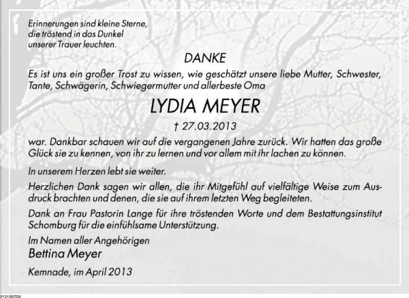 Traueranzeige für Lydia Meyer vom 27.04.2013 aus Deister- und Weserzeitung