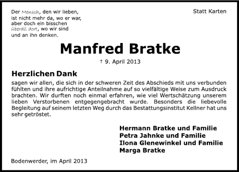  Traueranzeige für Manfred Bratke vom 27.04.2013 aus Deister- und Weserzeitung