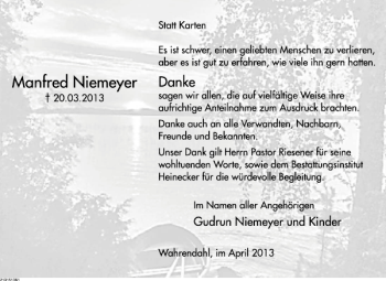 Traueranzeige von Manfred Niemeyer von Deister- und Weserzeitung