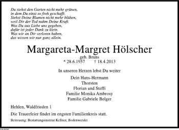 Traueranzeige von Margareta-Margret Hölscher von Deister- und Weserzeitung