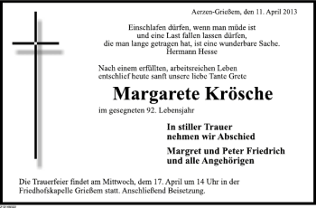 Traueranzeige von Margarete Krösche von Deister- und Weserzeitung