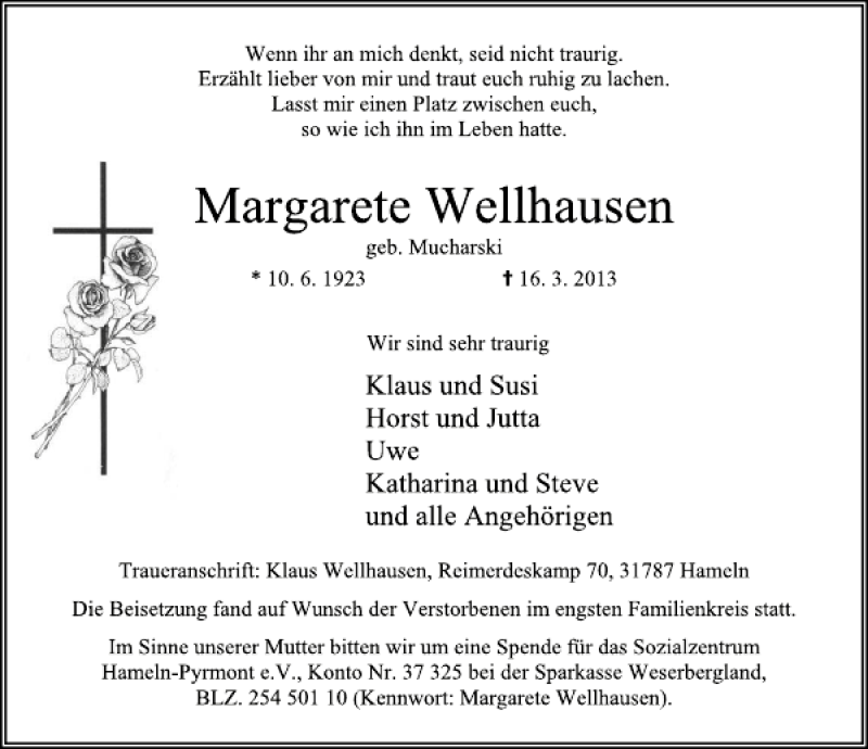  Traueranzeige für Margarete Wellhausen vom 06.04.2013 aus Deister- und Weserzeitung