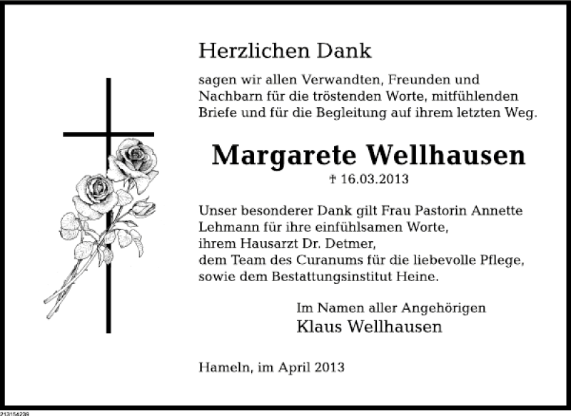  Traueranzeige für Margarete Wellhausen vom 27.04.2013 aus Deister- und Weserzeitung