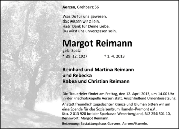 Traueranzeige von Margot Reimann von Deister- und Weserzeitung