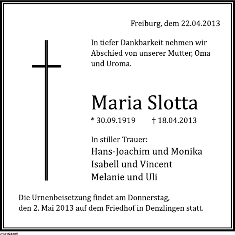  Traueranzeige für Maria Slotta vom 24.04.2013 aus Deister- und Weserzeitung