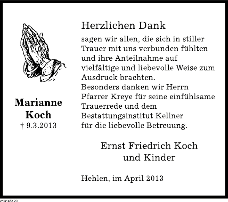  Traueranzeige für Marianne Koch vom 06.04.2013 aus Deister- und Weserzeitung