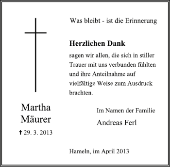 Traueranzeige von Martha Mäurer von Deister- und Weserzeitung